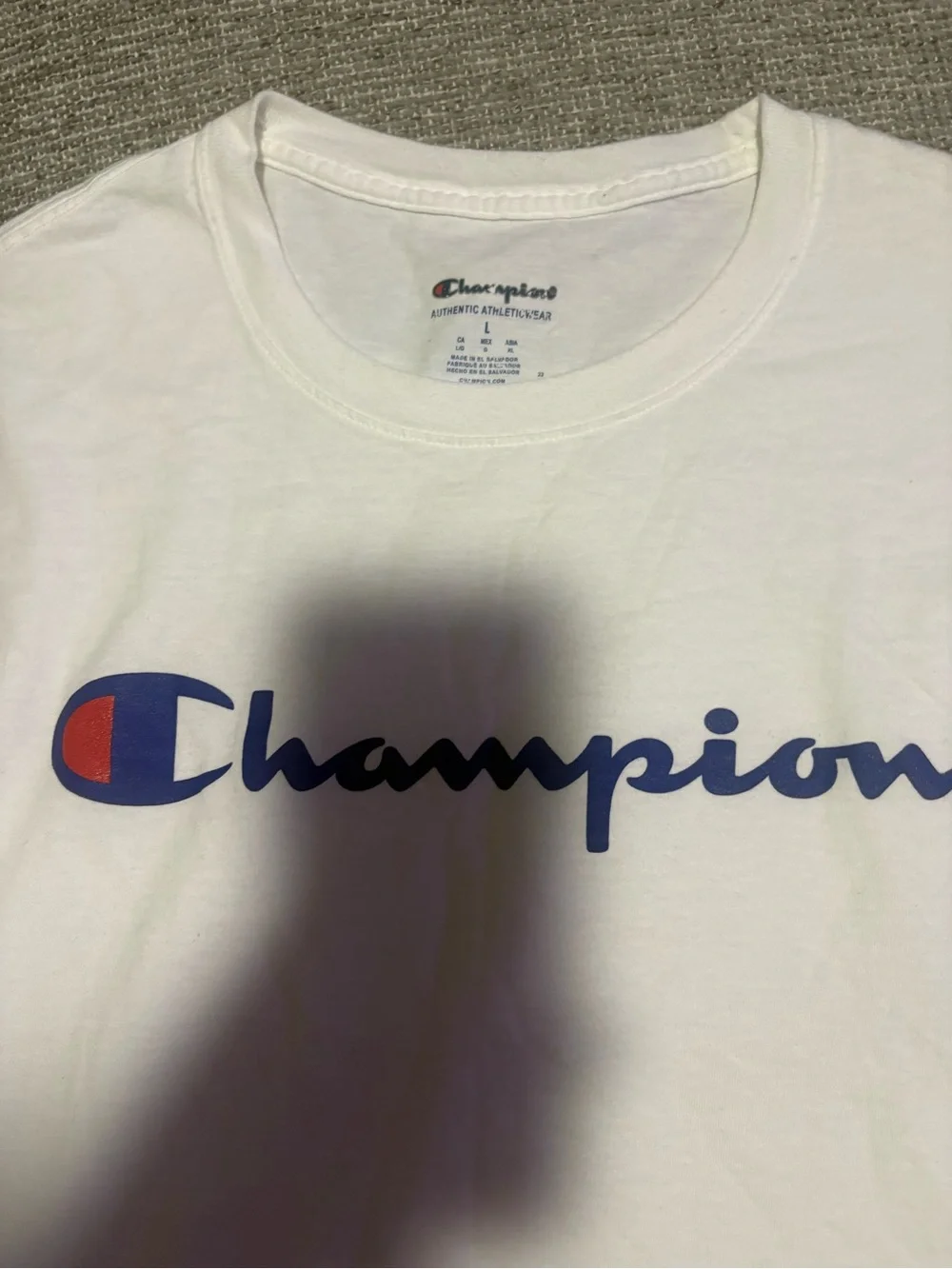 Champion White Tee with Blue Script Logo and Red Accent - Picture 2 of 3